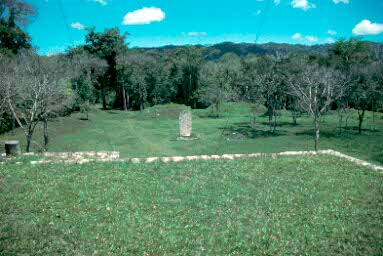 View of plaza from doorways of mural rooms.