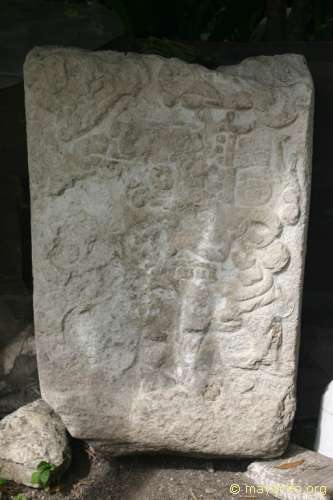 The stela in the courtyard of the the Posada del Chiclero in Uaxactun.